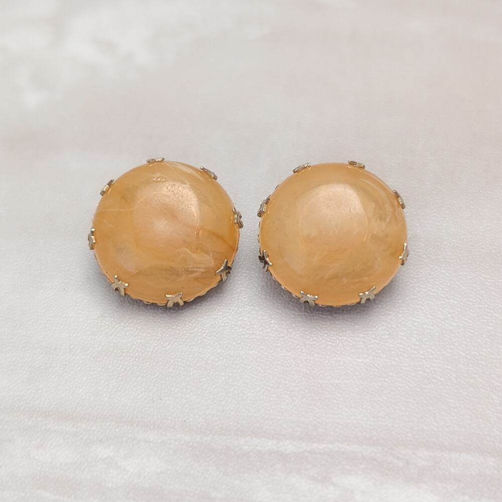 Vintage Clip On Earrings Domed Orangey Amber Tone with Ornate Gold Tone Setting